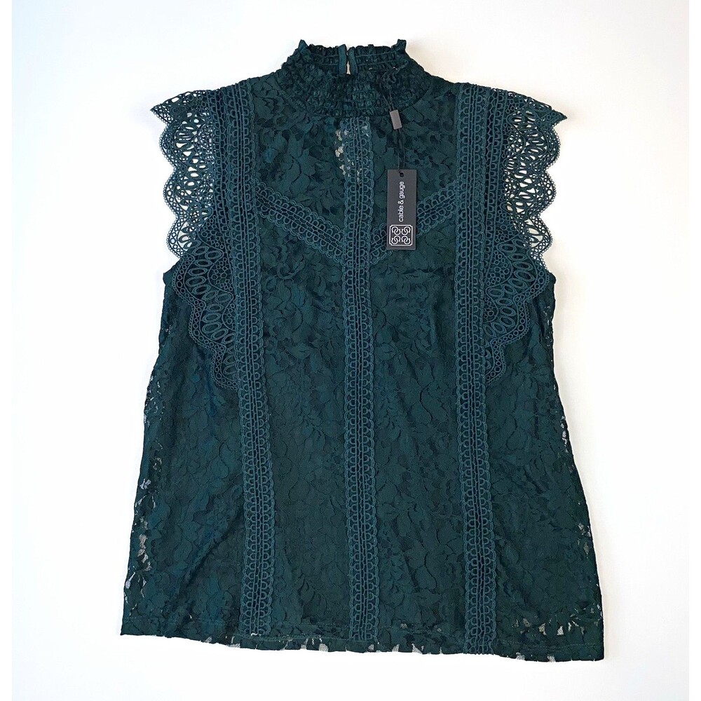 Cable & Gauge Lace Top Blouse Medium Forest Green Mock Neck Sleeveless NWT